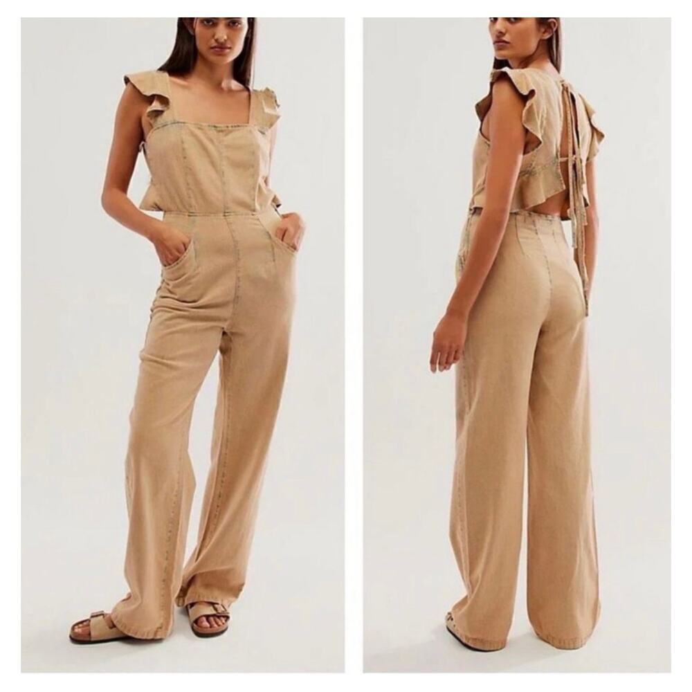 NEW Free People Women’s Size Small Brown Love Bite Back Tie Denim Jumpsuit